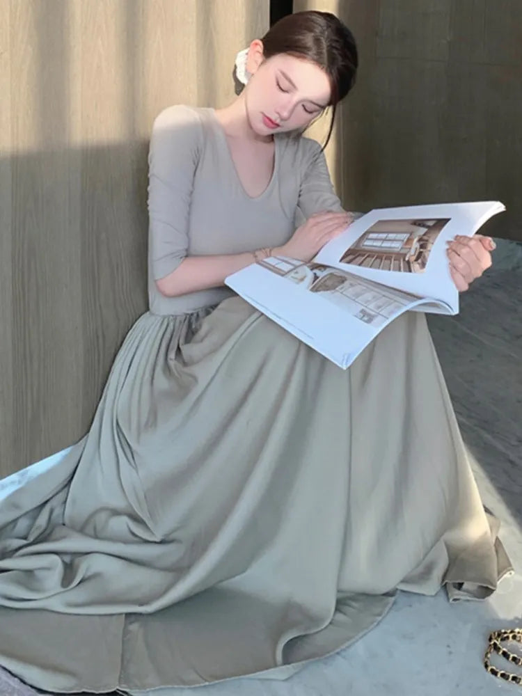 xakxx  Vintage Long Sleeve Midi Dress Fashion New Patchwork A-line Casual Female Clothes Vintage V-neck Slim Waist One Pieces Robe
