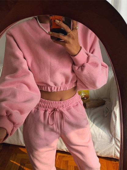 xakxx Women Pullover Hoodies Sweatshirts Suit Winter Spring Solid Casual Tracksuit Fleece 2 Pieces Set Sweatpants Quality Outfits