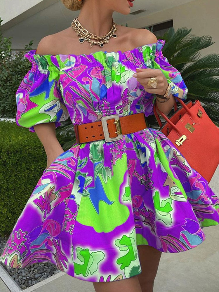 xakxx Women Sexy Off Shoulder Ruffle Belted Tunic Dress Elegant Lantern Sleeve Prom Dresses New Vintage Print Backless Mini Dress