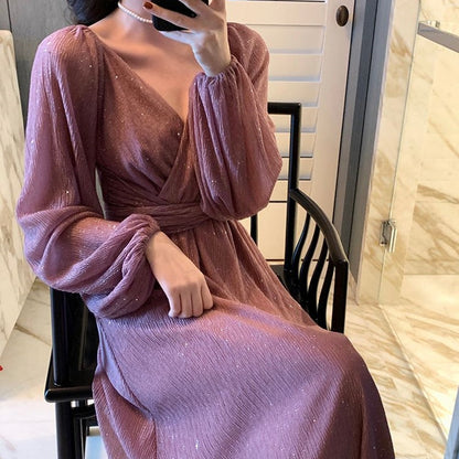 xakxx Women Spring Women Maxi Robe Elegant Ladies Long Lantern Sleeve Fashion Vestdios Female Party High Waist Dress