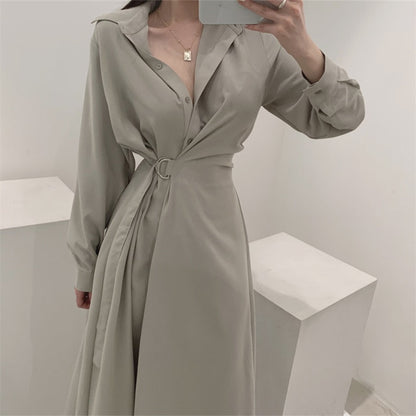 xakxx Women Single Breasted Midi Lace Up Slim Solid Shirt Dress Long Sleeve Elegant Vestidos Femme