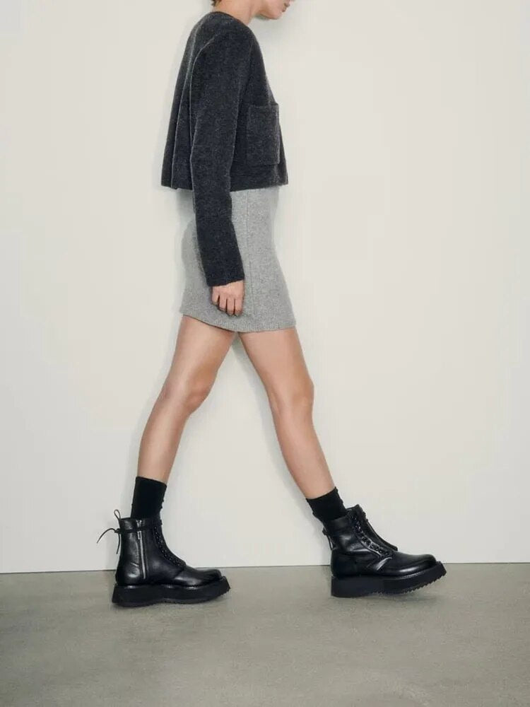 xakxx - Autumn new fashion casual versatile temperament small gray round neck cardigan sweater top short jacket