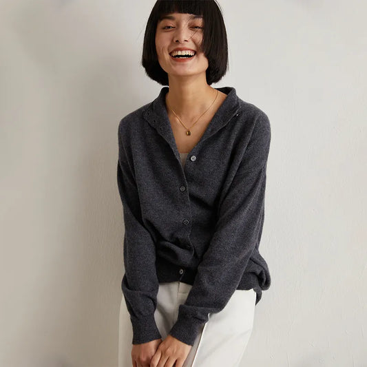 xakxx xakxx-Wool cardigan women's semi-high-necked solid color long-sleeved cashmere coat is slim and versatile knitted sweater.