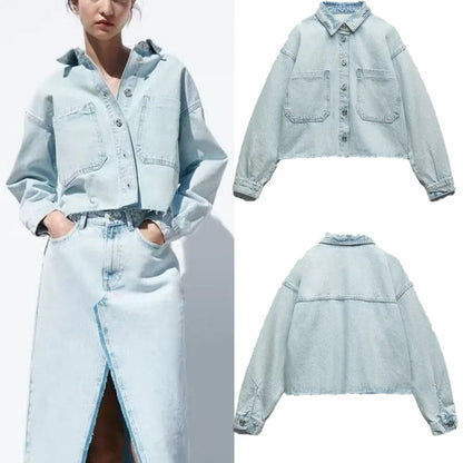 xakxx- New Women's Clothes Temperament Fashionable Casual Front Metal Button Closure Cropped Denim Jacket Outerwear