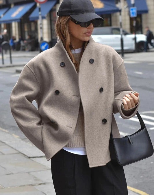 xakxx-Street Drop Shoulder Woolen Coats Stand Collar Oversize Vintage Outerwear  Office Lady Brown Casual Jackets Warm