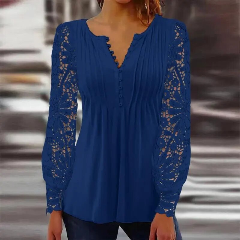 xakxx- Sexy Lace Blouses Women V Neck Hollow Out Long Sleeve Pleated Button Tops Female  New Clothes Large Shirts