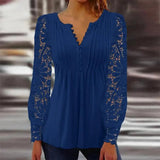 xakxx- Sexy Lace Blouses Women V Neck Hollow Out Long Sleeve Pleated Button Tops Female  New Clothes Large Shirts