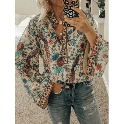 xakxx- Vintage Bird Flower Printed Blouse Women V Neck Button Long Sleeve Tops Autumn Chic Shirts Oversize 5Xl