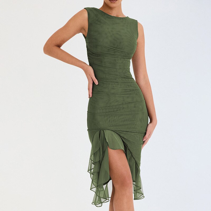 xakxx Summer Round Neck Sleeveless Ruffle Bodycon Dress Women Slim Backless Tierred Pleated Party Dresses evening Clubwear
