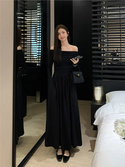 xakxx French Women Off Shoulder Midi Dress  Casual Female A-line One Pieces  Fashion Vintage Long Sleeve Lady Solid Casual Clothes