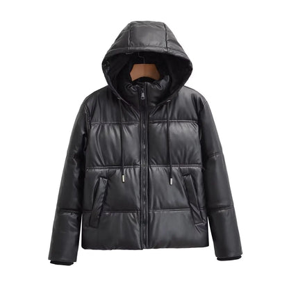 xakxx - Autumn New Solid Color Versatile Warm Hooded Zipper Closure Elastic Band Adjustable Hem Short Padded Jacket Coat Women