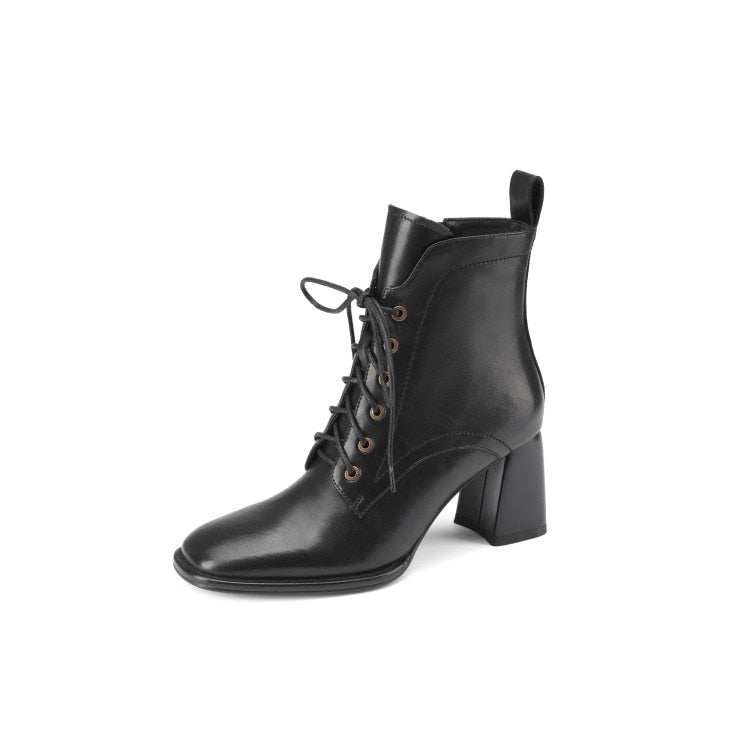 xakxx Black Friday  Fashion Women Shoes Square Toe High Heel Shoes For Women Black Leather Boots Women Lace Up Modern Boots Winter Women Boots