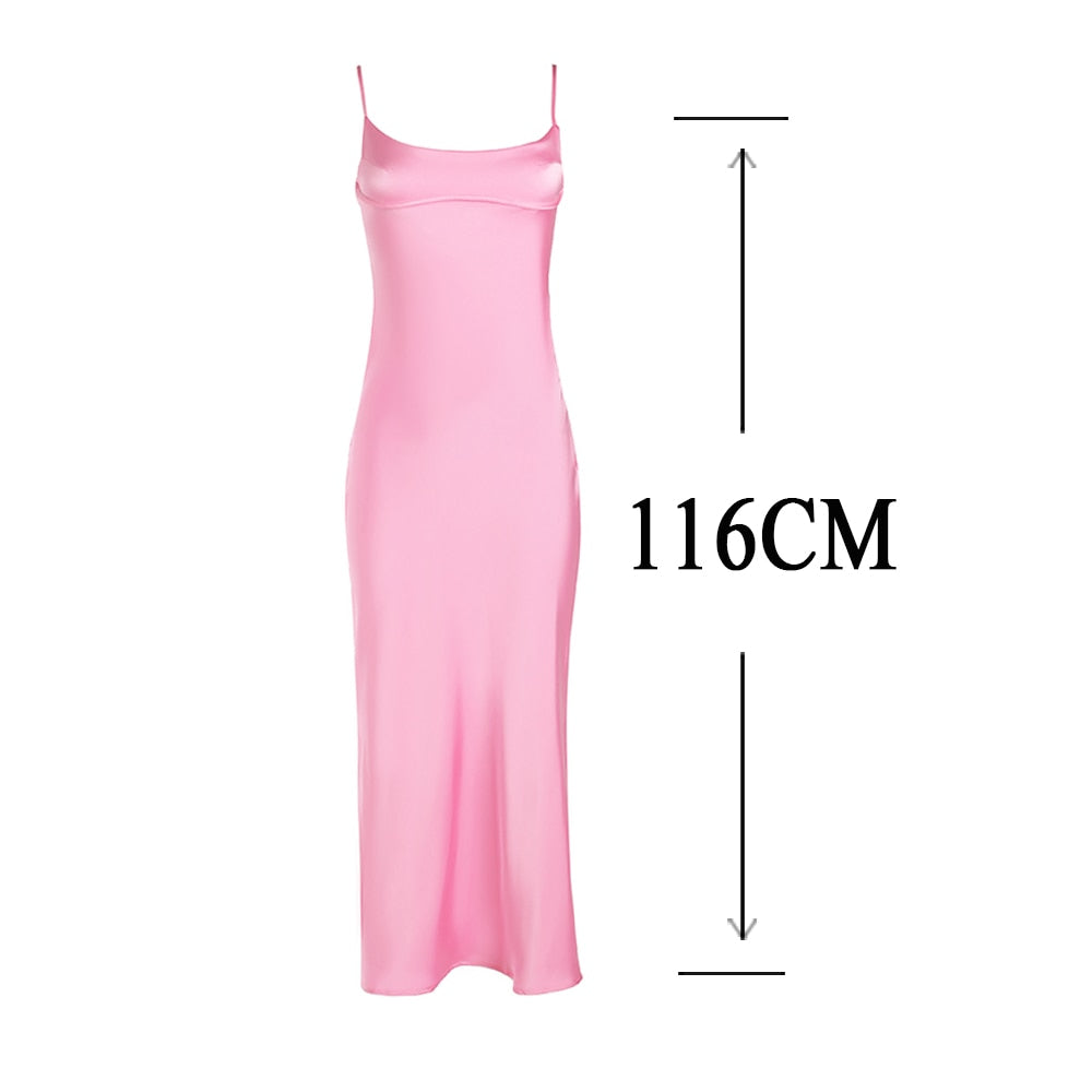 xakxx  Pink Camis Satin Long Dresses Elegant Sleeveless Slip Holiday Party Dresses Sexy Casual Backless Summer Dresses Women