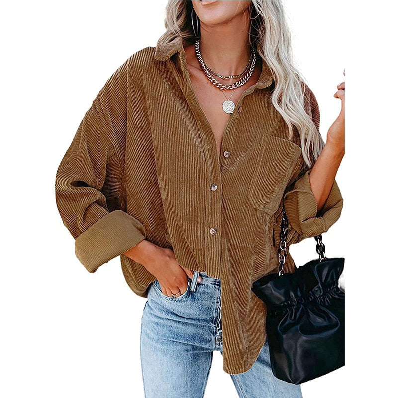 xakxx  Autumn Fashion Vintage Corduroy Blouse Jacket Strip Shirt Women Cotton Casual Tops Button Pocket Loose Blouse Outwear