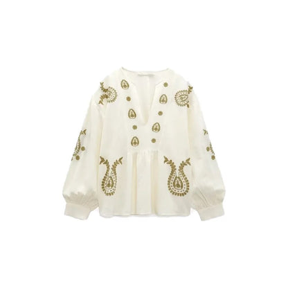 xakxx xakxx - New women's embroidered cotton shirt V-neck long-sleeve cuffs pleated design contrast embroidery decoration