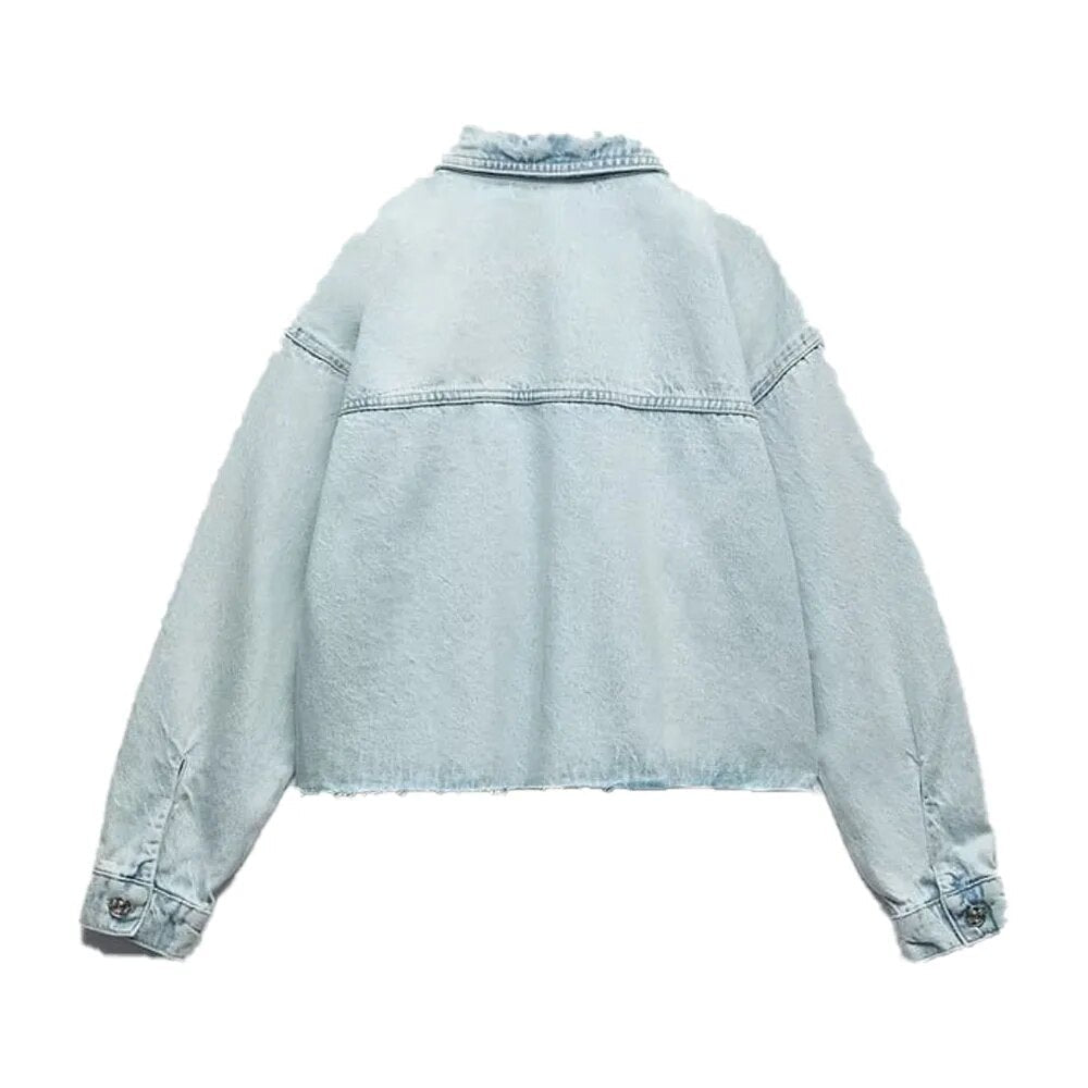 xakxx- New Women's Clothes Temperament Fashionable Casual Front Metal Button Closure Cropped Denim Jacket Outerwear