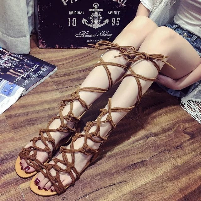 xakxx Fashion Rome Shies Women Sandals Thong Bandage Bohemian Beach Shoes Summer Knee High Flat Shoes Plus Size Sandals
