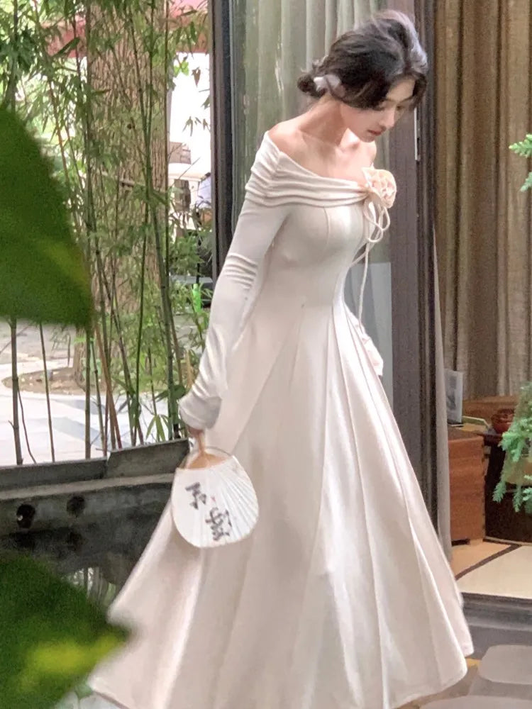 xakxx Fashion Women Elegant Off Shoulder Party Dress French Solid Lady Vintage Long Sleeve Maxi Dresses Sexy New Flora Vestidos Robe