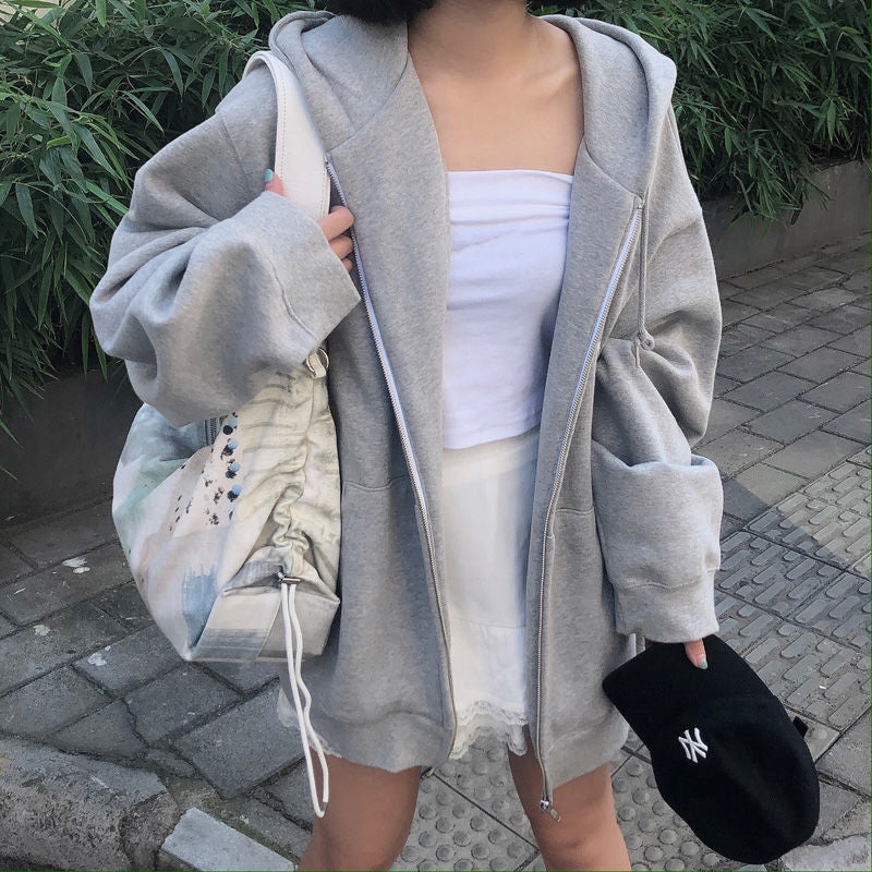 xakxx Korean Style Oversize Gray Hoodies Women Streetwear Loose Hooded Sweatshirt Female Casual Black Long Sleeve Tops Jacket