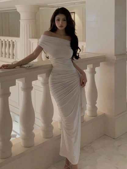 xakxx Sexy Women Off Shoulder Slim Midi Dress For Eve Prom Elegant Fold Solid White Lady Outfits  Summer Vintage Vestidos Robe