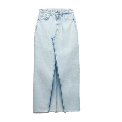 xakxx xakxx- New women's temperament fashion casual slimming front zipper and metal button closure midi denim skirt