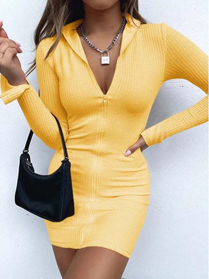 xakxx- Party Nightclub Buttocks Short Dresses Women Sexy v Neck Zipper Lapel Slim Dress Summer Black Bodycon Mini Dress 5XL