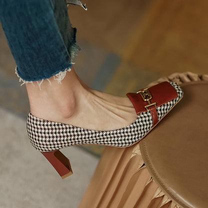 xakxx Retro Fashion Women's Shoes Thousand Bird Lattice Soft Leather Ladies Pumps Spring Square Toes Chunky Heels Female Shoes
