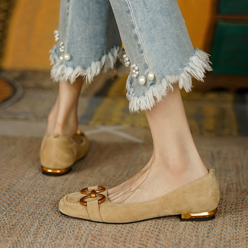 xakxx Ladies Flat Shoes Retro Square Toe Leather Loafers For Women  Spring Casual Flats Elegant Metal Buckle Female Shoes