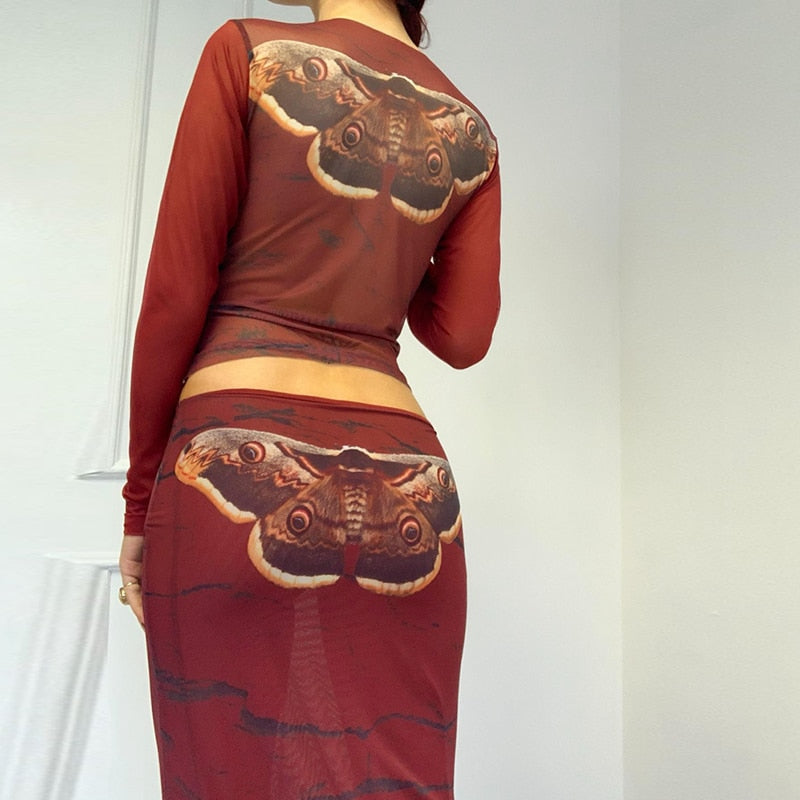 xakxx Black Friday Retro Aesthetics Two Piece Set Y2K Fairy Grunge Butterfly Print Slim Fit T-Shirt Crop Top Mesh See Through Bodycon Long Dress1004
