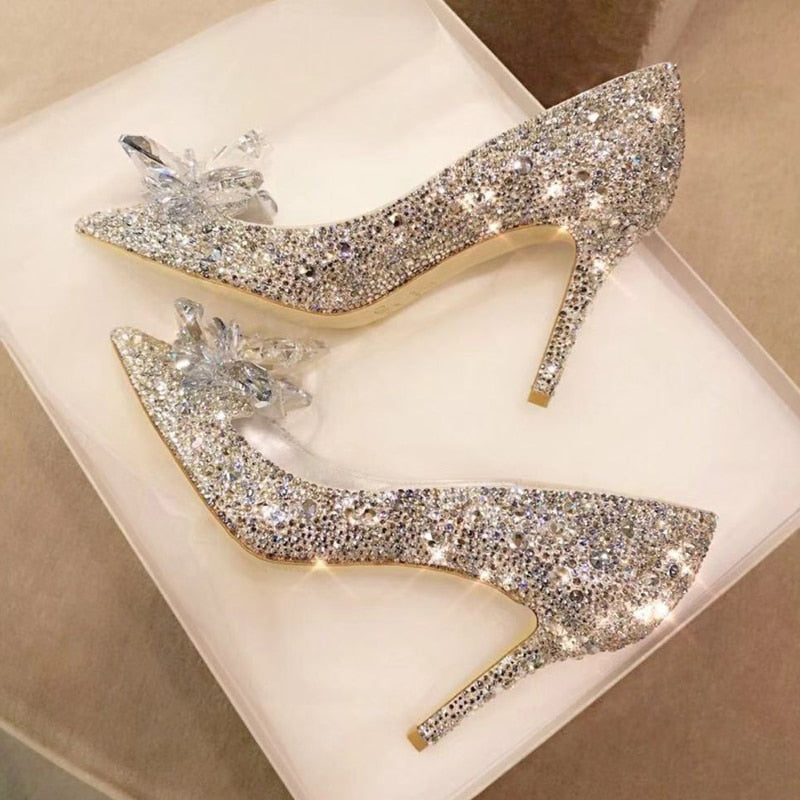 xakxx Newest  Cinderella Shoes Rhinestone High Heels Women Pumps Pointed Toe Woman Crystal Party Wedding Shoes 5Cm/7Cm/9Cm