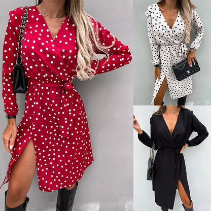 xakxx- Sexy Black Shirt Dress Women One Piece Deep V Neck Long Sleeve Mini Blouse Split Skirt Dresses Autumn