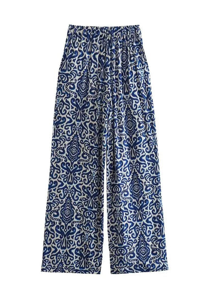 xakxx - New femininity casual long-sleeved short shirt double-breasted V-neck back elastic waist print short shirt leg pants