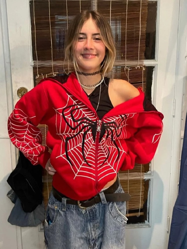 xakxx Y2k Emo Women Streetwear Hoodie Spider Web Red Zip Up Hoodies Grunge Oversized Sweatshirt Gothic Harajuku Alt Jackets Clothes