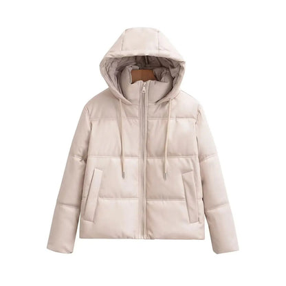 xakxx - Autumn New Solid Color Versatile Warm Hooded Zipper Closure Elastic Band Adjustable Hem Short Padded Jacket Coat Women