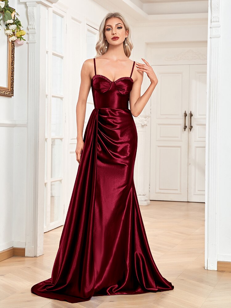 xakxx Luxury Sexy Evening Celebrity Dresses Ruched Side Slit Straps Ribbons Backless Long Satin Party Cocktail Gowns
