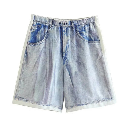 xakxx xakxx - New women's  denim sleeveless lapel shirt printed silk texture shirt casual shorts high waist suit