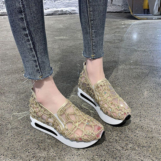 xakxx Female Wedge Shoes Sequin Mesh Breathable Shoes Women Gold Silver Platform Sneakers Women Height Increasing Wedges Casual Shoes