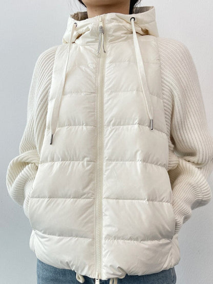 xakxx Women Knit Stitcing Hooded Down Coat Fashion  Autumn Winter Female Long Sleeve Drawstring Zipper Jacket