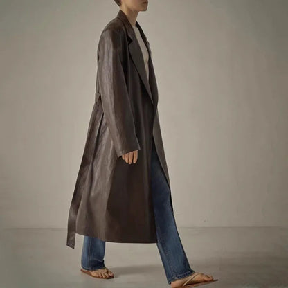 xakxx Woman Trench Coat Winter Female Clothing Belted Mid-Length Solid Color Loose Leather Jacket Coat