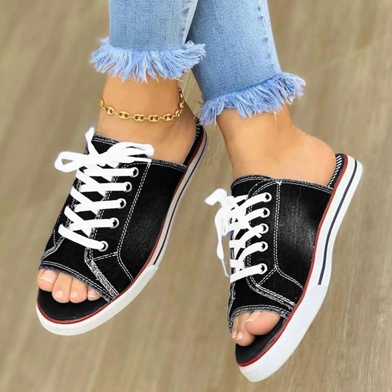xakxx Women Canvas Flat Slipper Woman Lace Up Ladies Peep Toe New Women's Casual Female Fashion Denim Beach Shoes Plus Size 35-43