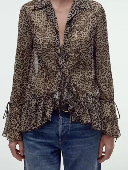 xakxx - New women's  temperament fashion sweet Riley casual sexy thin overlay decorative print shirt