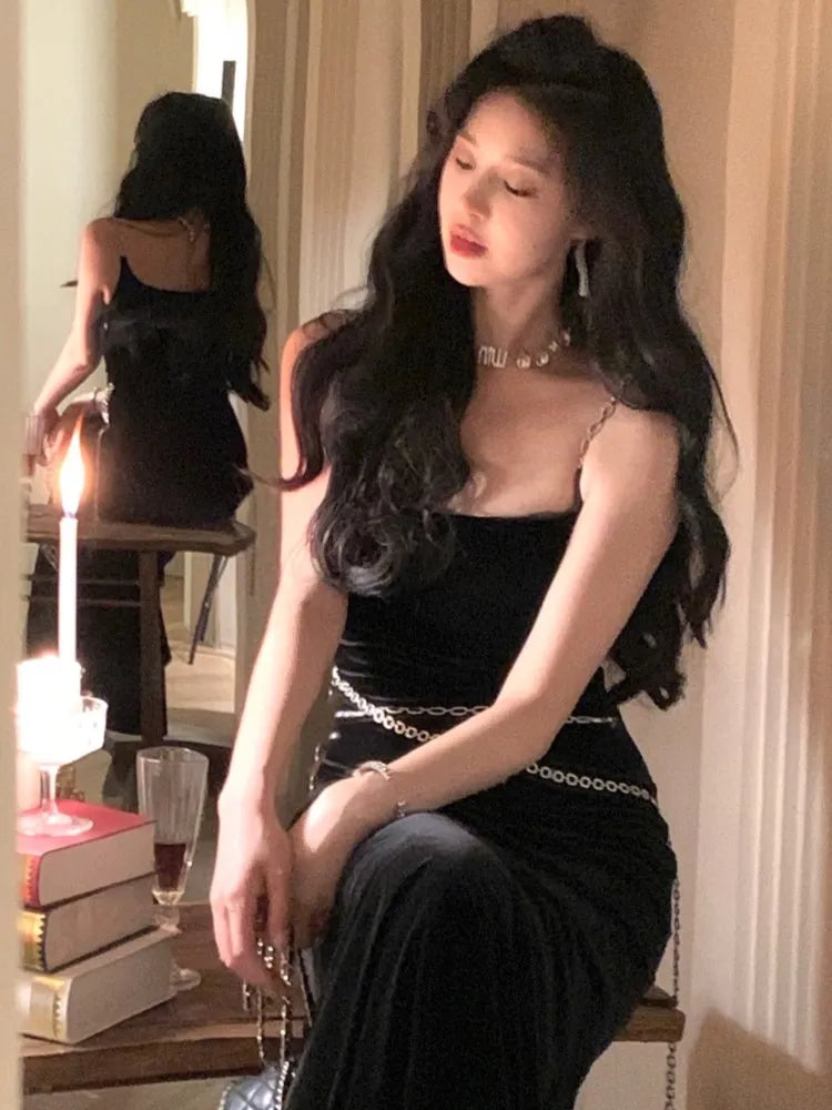 xakxx Sexy Black Women Strap Mermaid Dress  Fashion New Chain Female Elegant Maxi Dresses French Slim Waist  Velvet Vestidos Robe