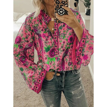 xakxx- Vintage Bird Flower Printed Blouse Women V Neck Button Long Sleeve Tops Autumn Chic Shirts Oversize 5Xl