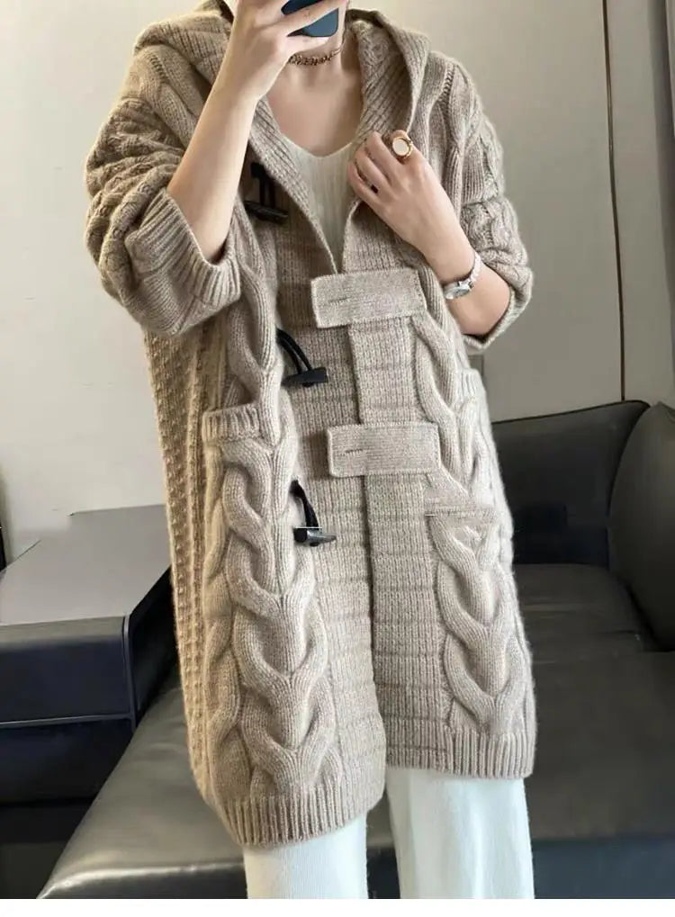 xakxx xakxx-Fall/winter cashmere hooded knit cardigan sweater coat women's long loose lazy wind thickened horn button coat
