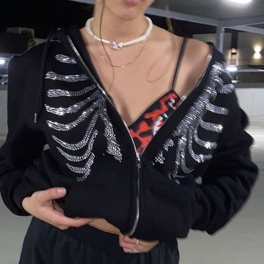 xakxx Y2K Rhinestone Skeleton Zip Up Hoodies Women Oversized Sweatshirts Winter Grunge Gothic Black Hooded Female Jackets Streetwear