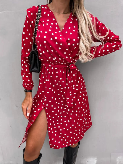 xakxx- Sexy Black Shirt Dress Women One Piece Deep V Neck Long Sleeve Mini Blouse Split Skirt Dresses Autumn
