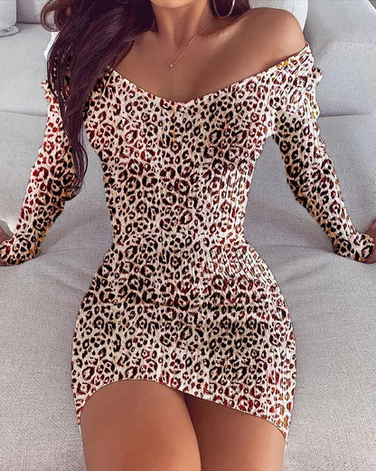 xakxx- 4 Colors Leopard Printing Mini Dress Sexy Lady V-Neck Long Sleeve Dresses Women Club Party Leopard Dress Large Size 5Xl