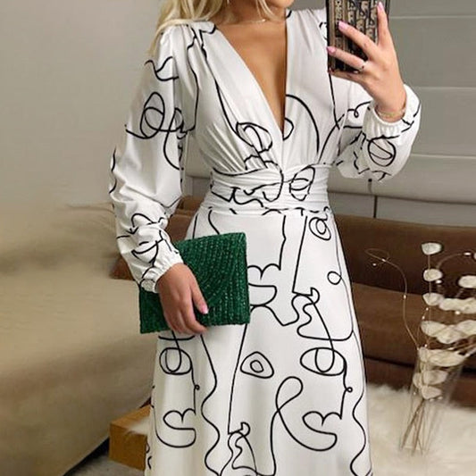 xakxx Women Maxi Dress Face Face Abstract Line Print Long Sleeve V Neck Elegant Casual Style Long Skirt