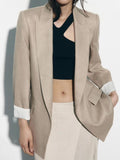 xakxx- New women's clothing, temperament, fashion, casual, elegant, pure linen, lapel, cardigan, casual suit jacket