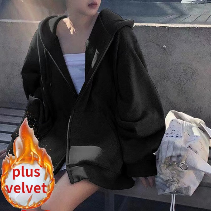 xakxx Korean Style Oversize Gray Hoodies Women Streetwear Loose Hooded Sweatshirt Female Casual Black Long Sleeve Tops Jacket